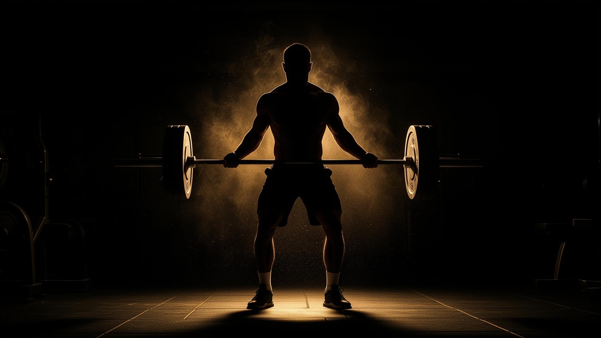 Atleta levantando una barra olímpica en gimnasio oscuro